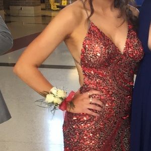Red beaded prom dress